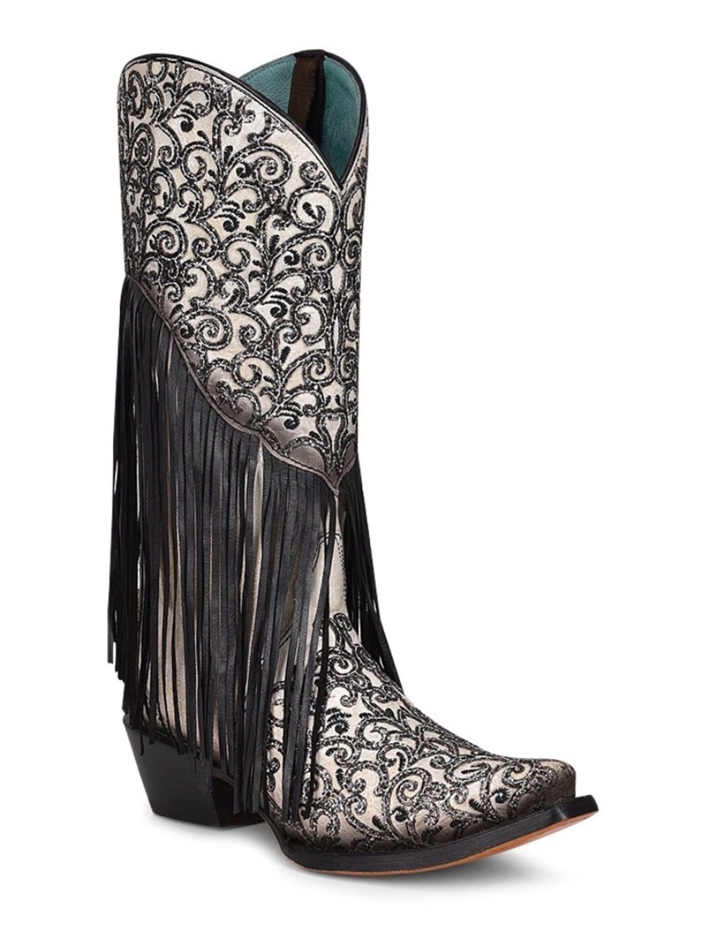 Corral Glitter FringeWestern Embroidered Boots - Black and Cream